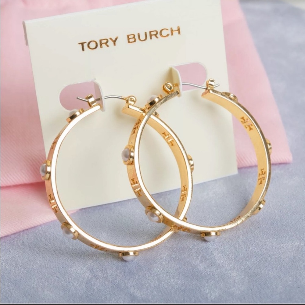 Tory Burch T Pierced Logo Pearl Gold Hoop Earrings